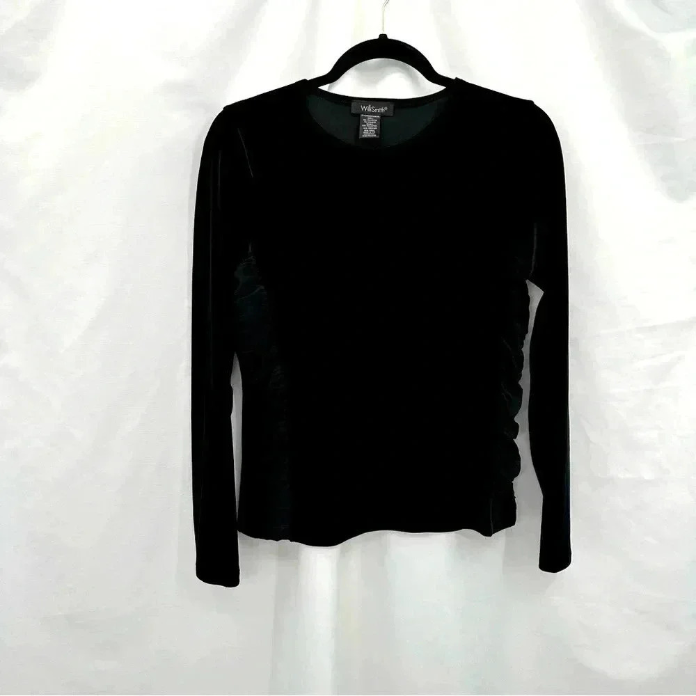 Willi Smith Velvet‎ Top Womens Medium Black Ruched Mesh Side Long Sleeve Blouse